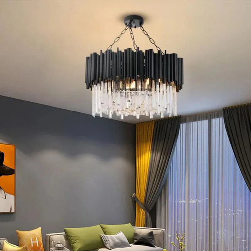 

Круглая светодиодная хрустальная люстра, современный черный светильник для гостиной, домашнего декора, роскошное освещение