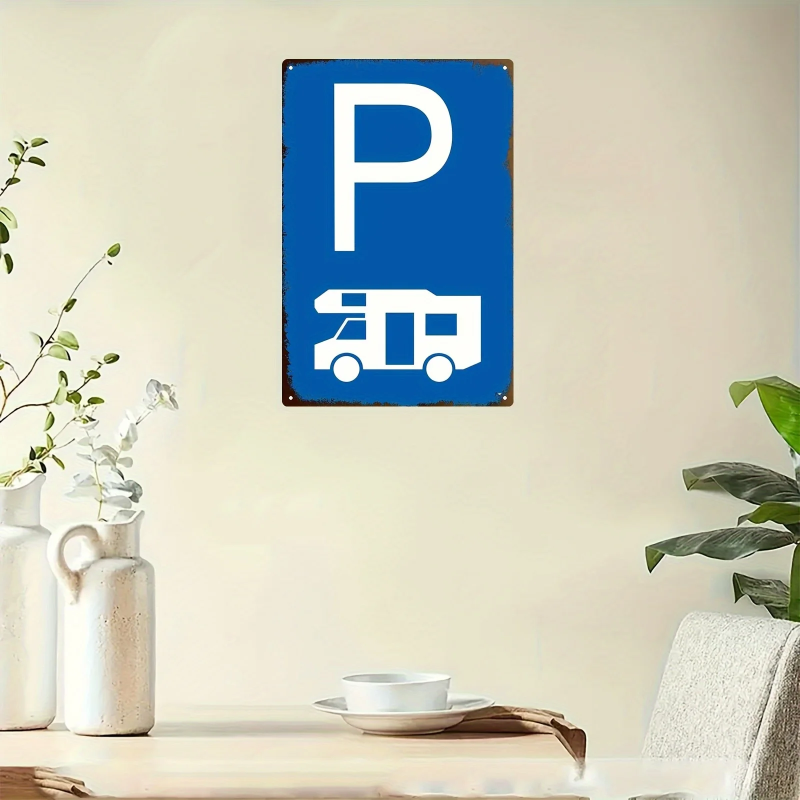 2D Flat, 1pc Vintage RV Parking Sign - Rustic Blue Wall Art Featuring a White 'P' And Camper Van Design, Measuring 8