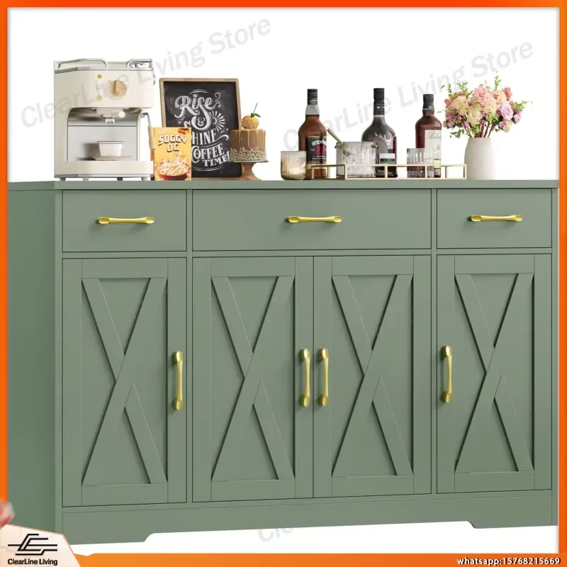 Aparador de 140 cm de Ancho, Mueble de Almacenamiento para Cocina con 2 Estantes Ajustables, 3 Cajones y 4 Puertas, Mueble Buffet para Sala de Estar