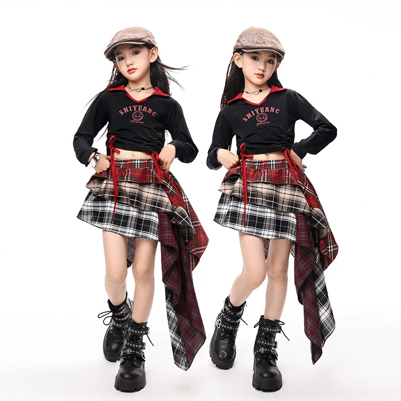 Cooles Street Dance-Outfit für Mädchen, Jazz-Hip-Hop-Kostüm, Schnürung, plissiert, kurzärmelig, Rock, Hip-Hop-Kleidung, Tanz-Übungskleidung