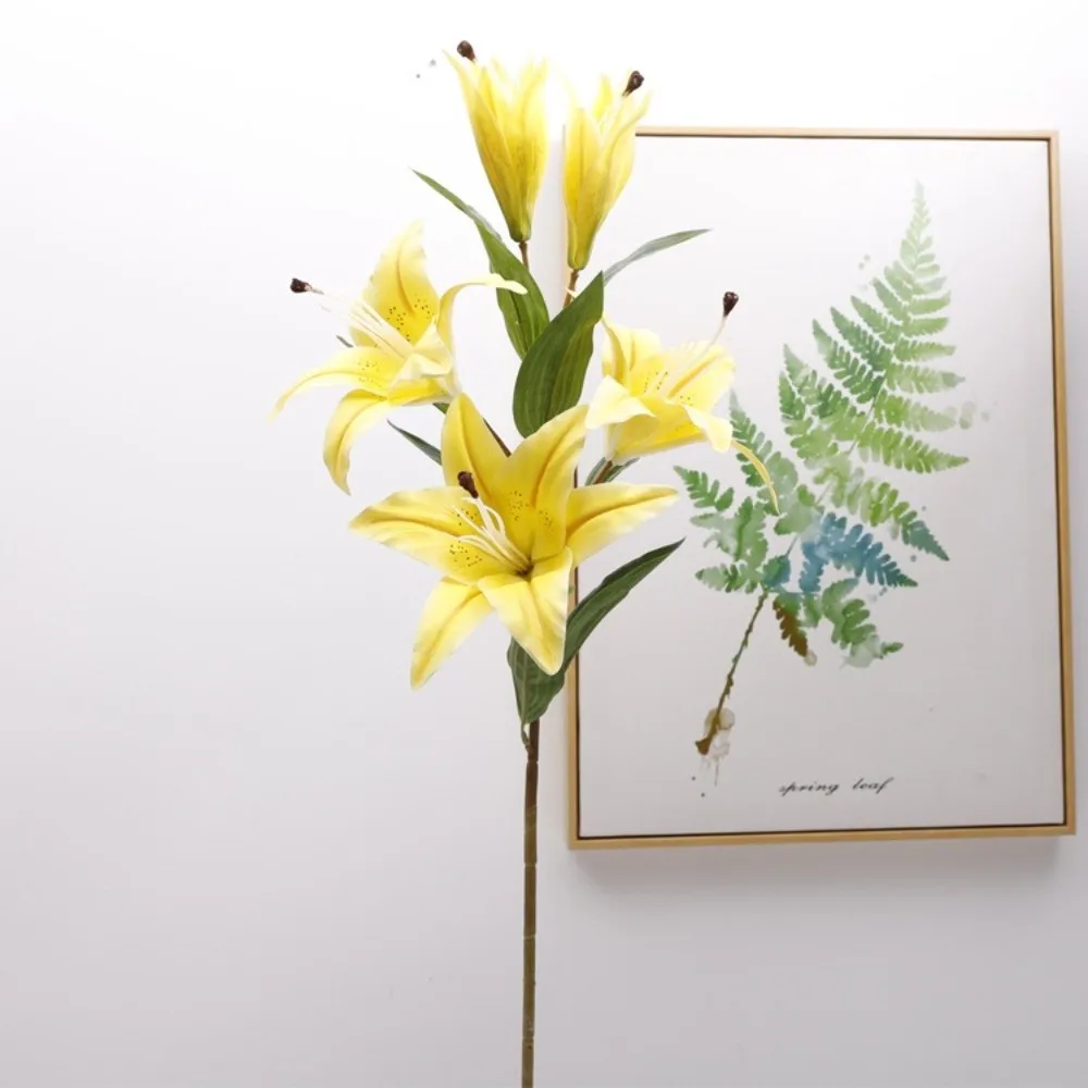 

5 Head Artificial Flower Branch Real Touch Elegant Simulation Lilium Brownii Flower Plastic Handmade Fake Flowers Wedding Decor