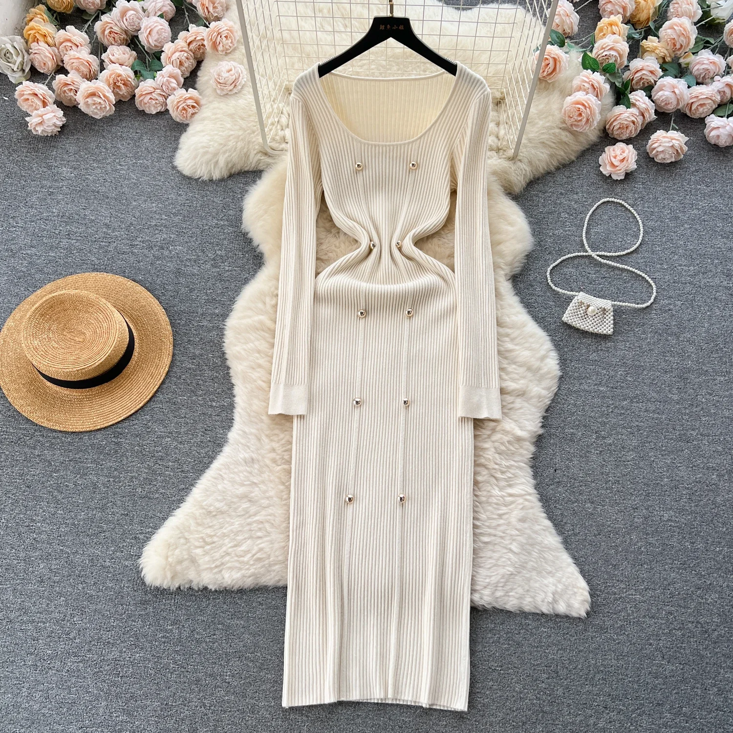 Women Soft Elegant Solid O Neck Long Sleeve Double Breasted Bodycon Dress Sexy Fashion Knit Elastic Slim Hip Wrap Sweater Dress