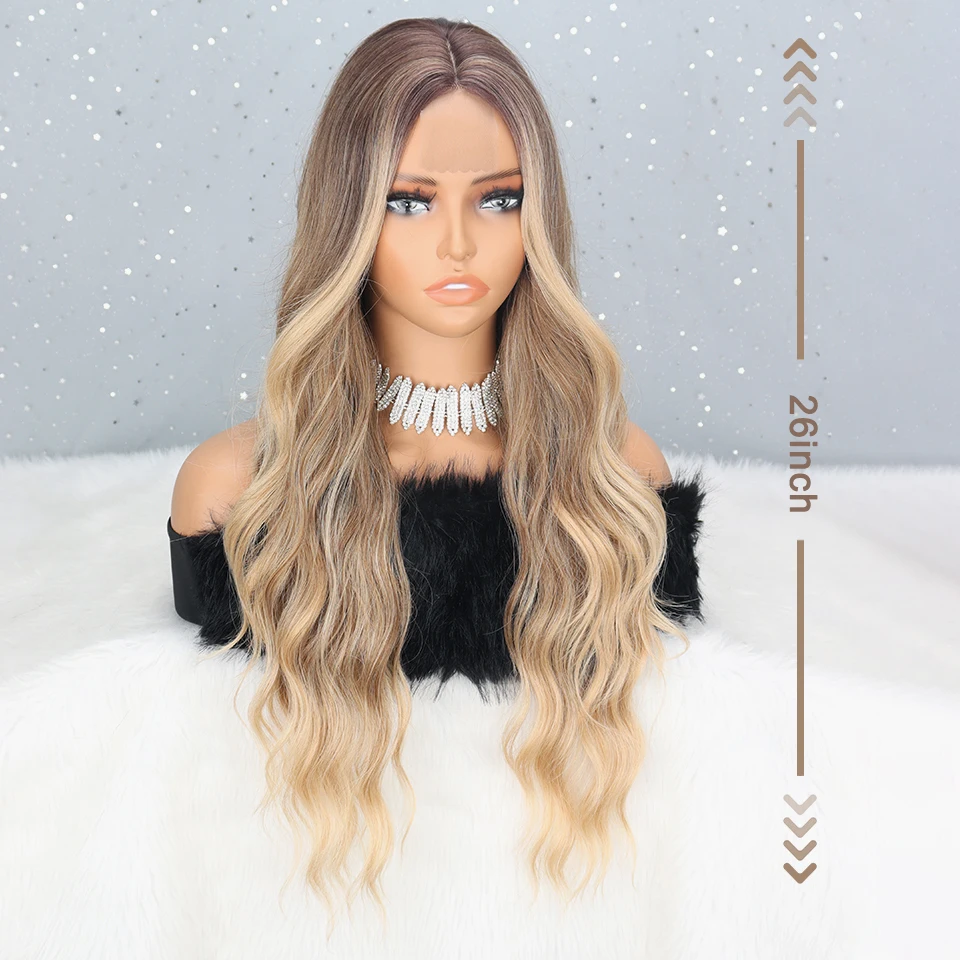 Long Ombre Blonde Wavy Wig for Women 26 Inch Middle Part Curly Wavy Wig Natural Looking Synthetic Heat Resistant Fiber Wig