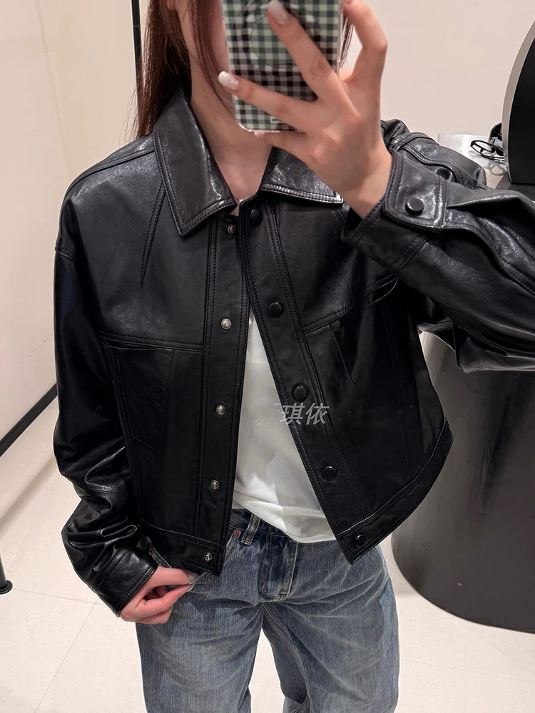 Women Spring Black Casual Classic Genuine Sheepskin Leather Jacket Coat Autumn Coffee Real Leather Turn Down Collar Jacket