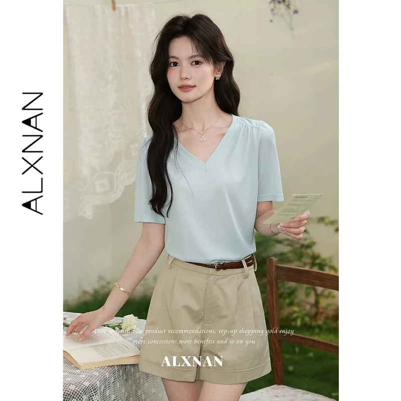 

ALXNAN Blue V-neck T-shirt Women Summer Short Sleeve Basic Simple T-shirts 2026 Elegant Casual Loose-fit Female Tops L65132-1