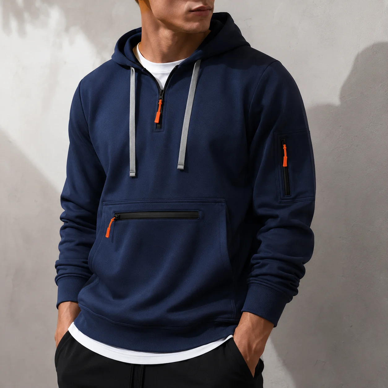 Men Casual Half Zip Hoodie Solid Color Long Sleeve Pullover Multi Pocket Outdoor Sports Streetwear Fashion Sweatshirt Trendy Top