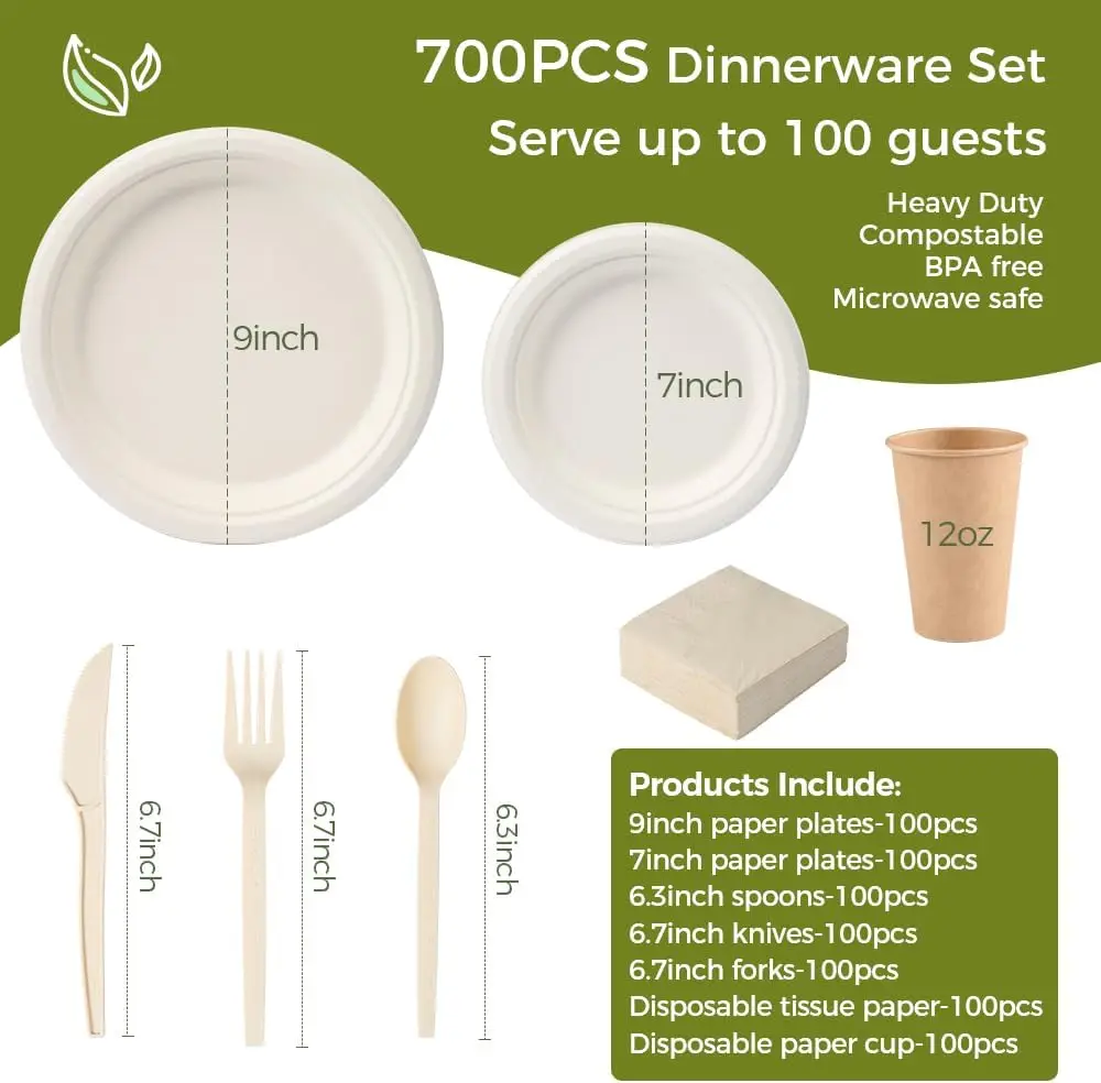 700 Pieces Compostable Disposable Plates ,  for 100 Salad Plates,Spoons, Forks, Knives, Cups, Napkins