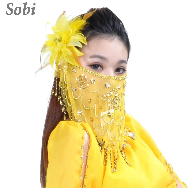 Women Indian Belly Dance Face Veil Sequins Tribal Indian Dance Costume Accessories Bollywood Carnival Party Dance Mesh Veils