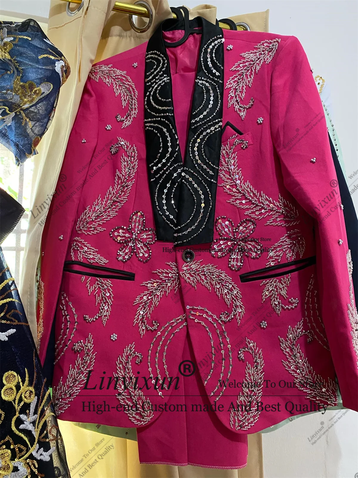 The Latest Design Beaded Crystal Men Suits 2 Piece Male Prom Blazer Customized Shawl Lapel Groom Wedding Tuxedo Slim Ropa hombre
