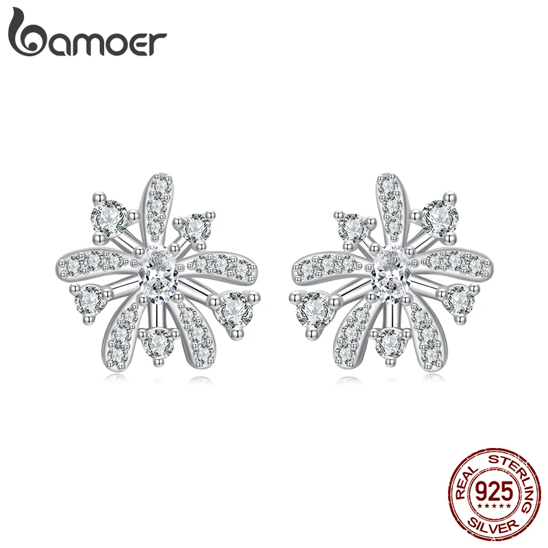 BAMOER Gold Plated Romantic Fireworks Stud Earrings 925 Sterling Silver Hypoallergenic Elegant Flower Earrings BSE1144