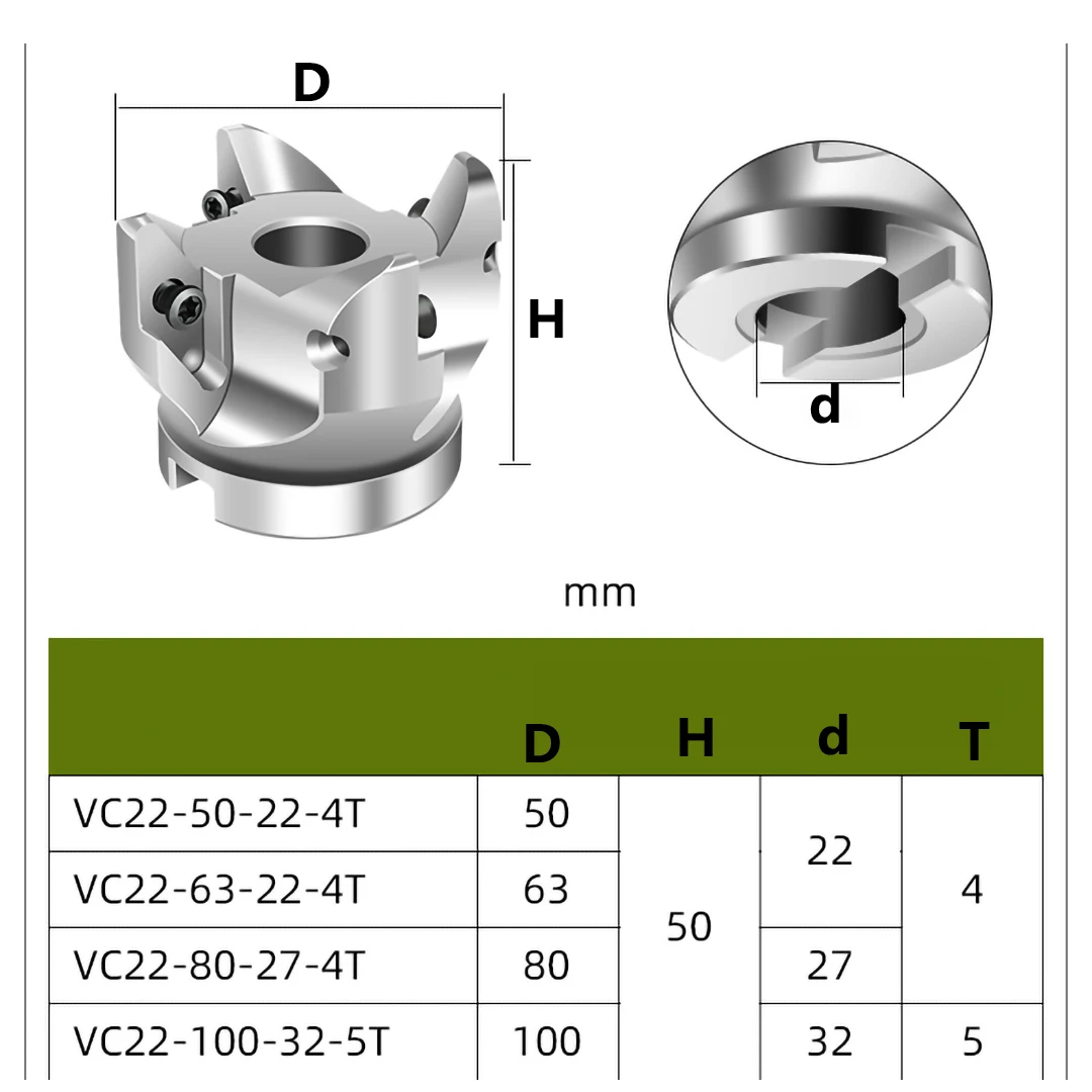 OYYU سبائك الألومنيوم محور عجلات VC22-50-22-3T VC22-50-22-4T VC22-63-22-4T VC22-80-27-4T VC22 50 63 80 100 قاطعة المطحنة قضيب الرأس