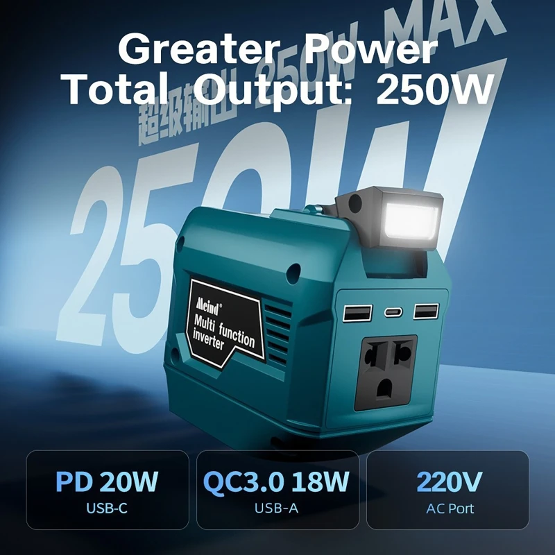 250W Inverter With LED Light Compatible with Makita Battery DC 18V-20V TO 220V Modified Sine Wave Lithium Battery Inverter