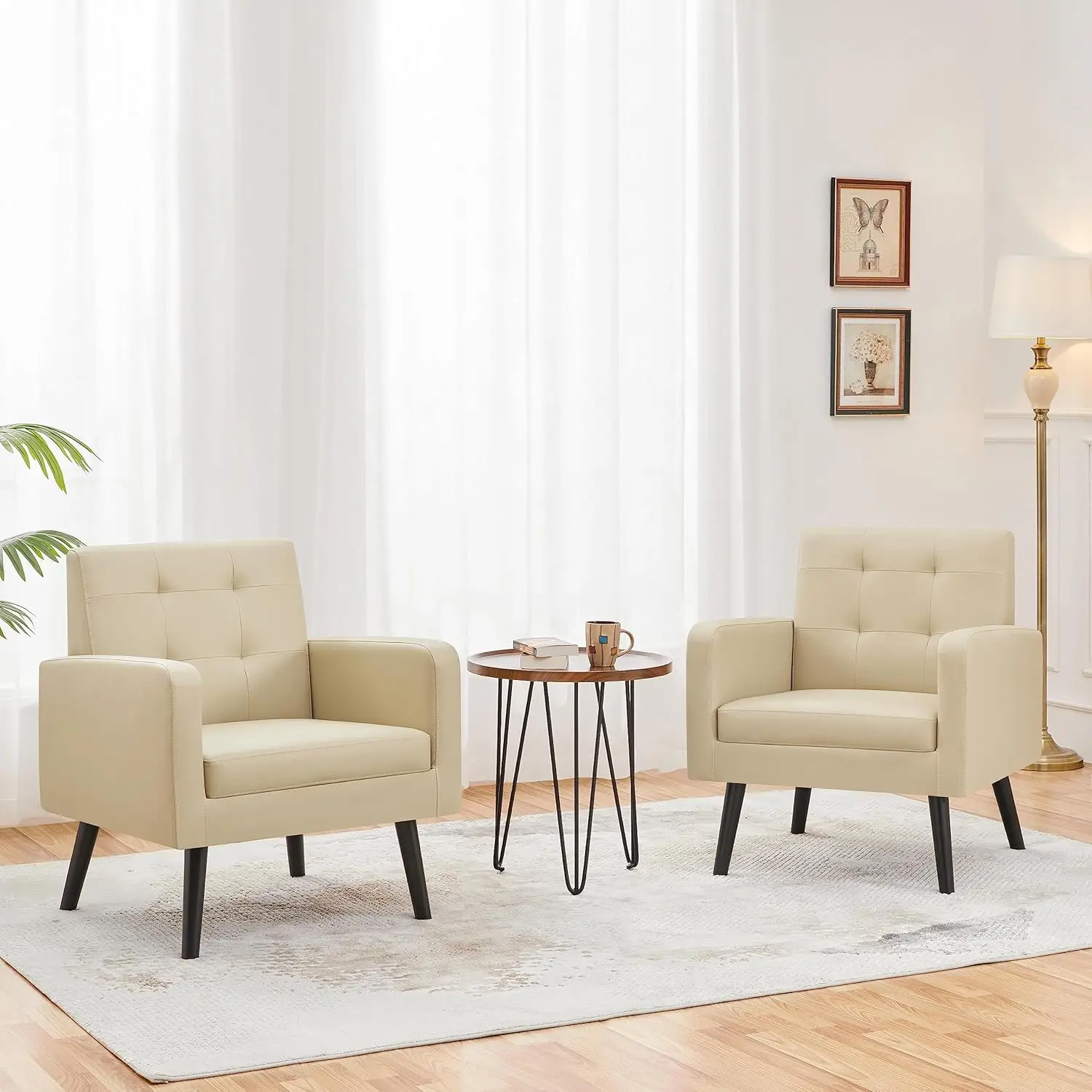 Mid-Century Accent Chairs PU Leather Modern Upholstered Living Room Chair Cozy Armchair Button Tufted Back Beige 2PCS