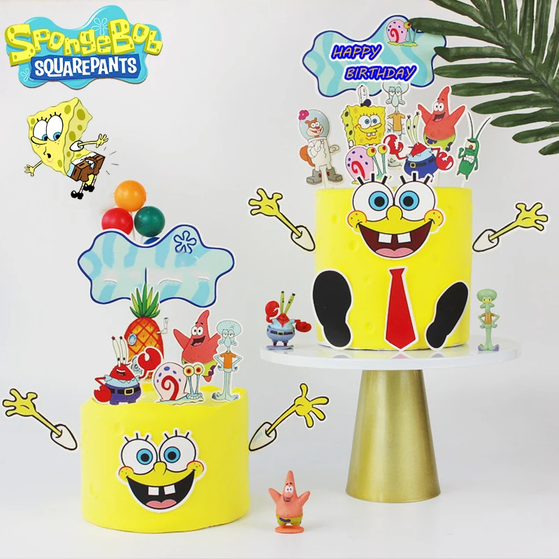 SpongeBob Cake Decoration Set Children Birthday Party Plug-in Supplies Kids Baking Cake Cup Card Party Cake Inserts Accessory