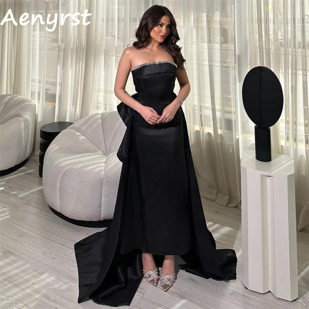 Aenyrst schwarz träger lose Satin Ballkleider gerade Kristall Abendkleider knöchel lange Dinnerparty Kleid elegant فساتين الس카رة