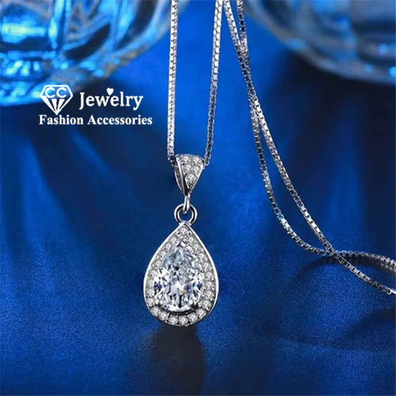CC Water Drop Pendants Necklaces For Women White Cubic Zircon Bridal Wedding Engagement Accessories Colar Chain CCN003