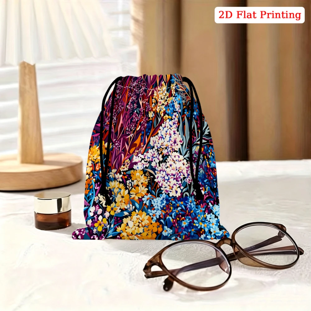 1pc Floral Print Drawstring Bag Multicolor Flowers And Leaves Pattern Storage Small Pouch For Glasses Cosmetics Travel Organizat