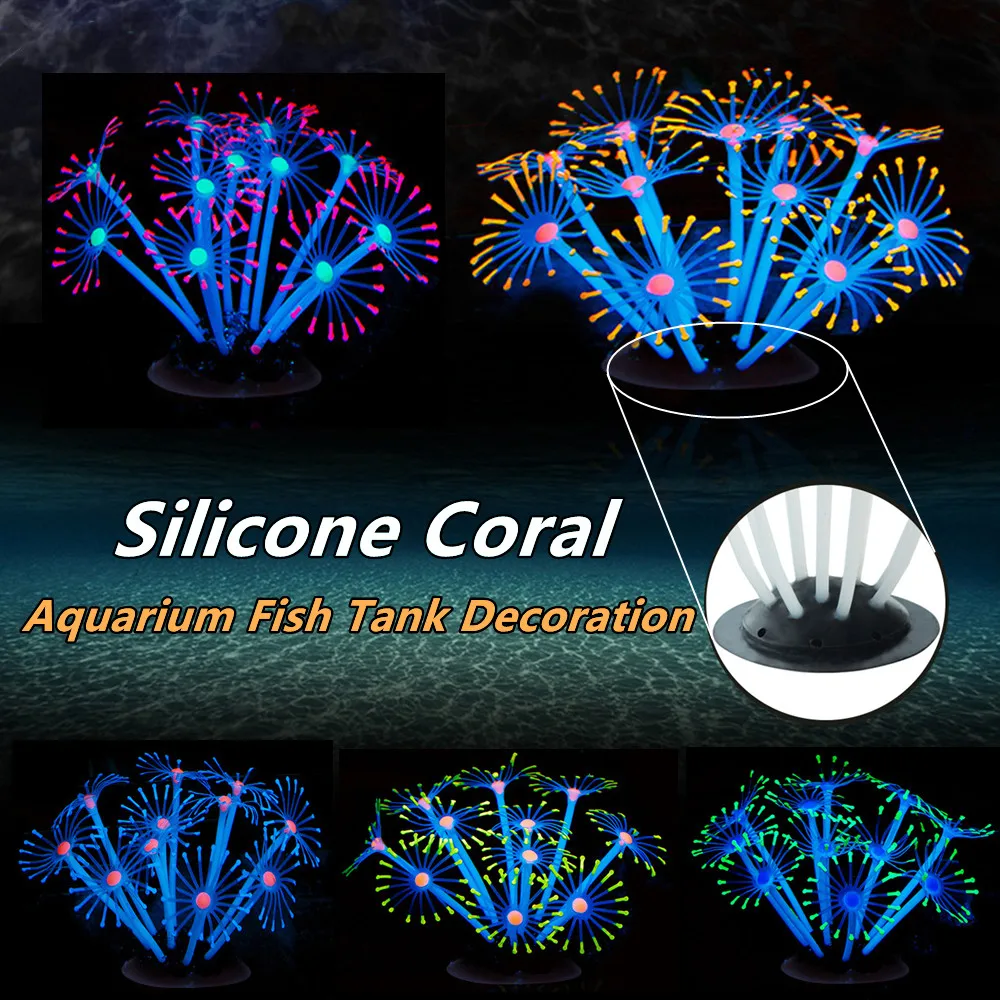 6 Colors Artificial Coral Aquarium Ornament Silicone Glowing Plants Fish Tank Decoration With Sucker Underwater Pets Accessories