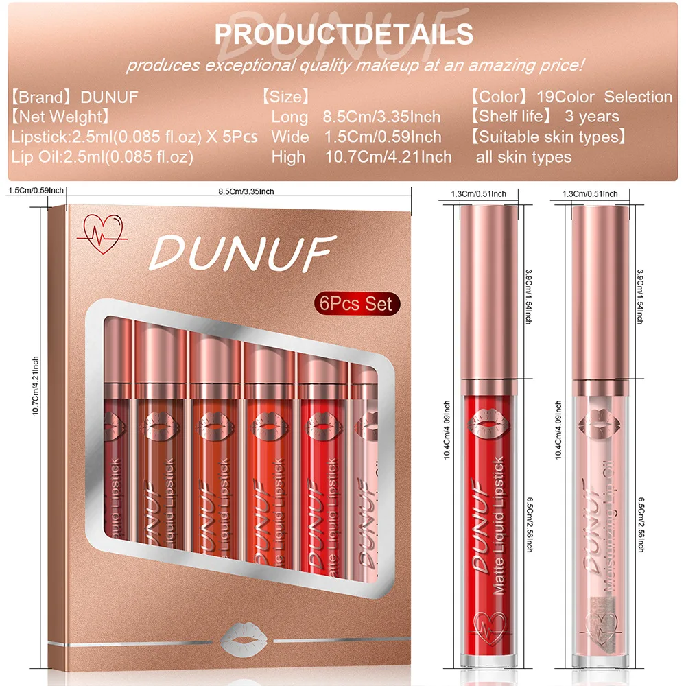 DUNUF 6 pcs ลิปสติก Matte กันน้ํา Long-Lasting Lip GLOSS Liquid Long-Lasting Non-Stick Matte Lip Glaze