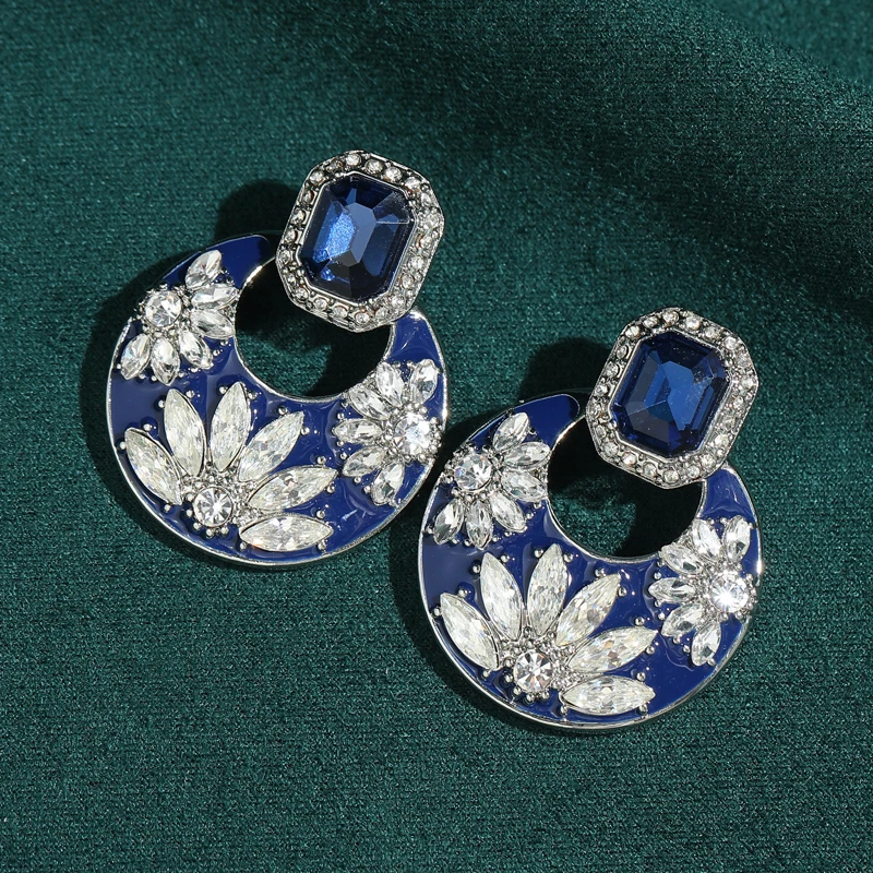 Vintage Crystal Flower Daisy Earrings Rhinestones Blue Square  Enamel Circular Silver Color For Woman Chinese Style Jewelry 2025