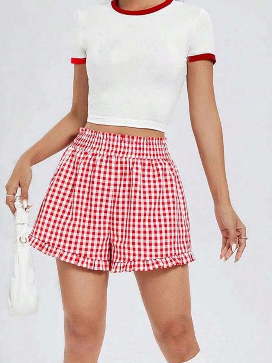 

Women's Plaid Shorts Casual Loose Fitting Elastic Waist Shirred Ruffled Trim Short Pants Lounge Shorts