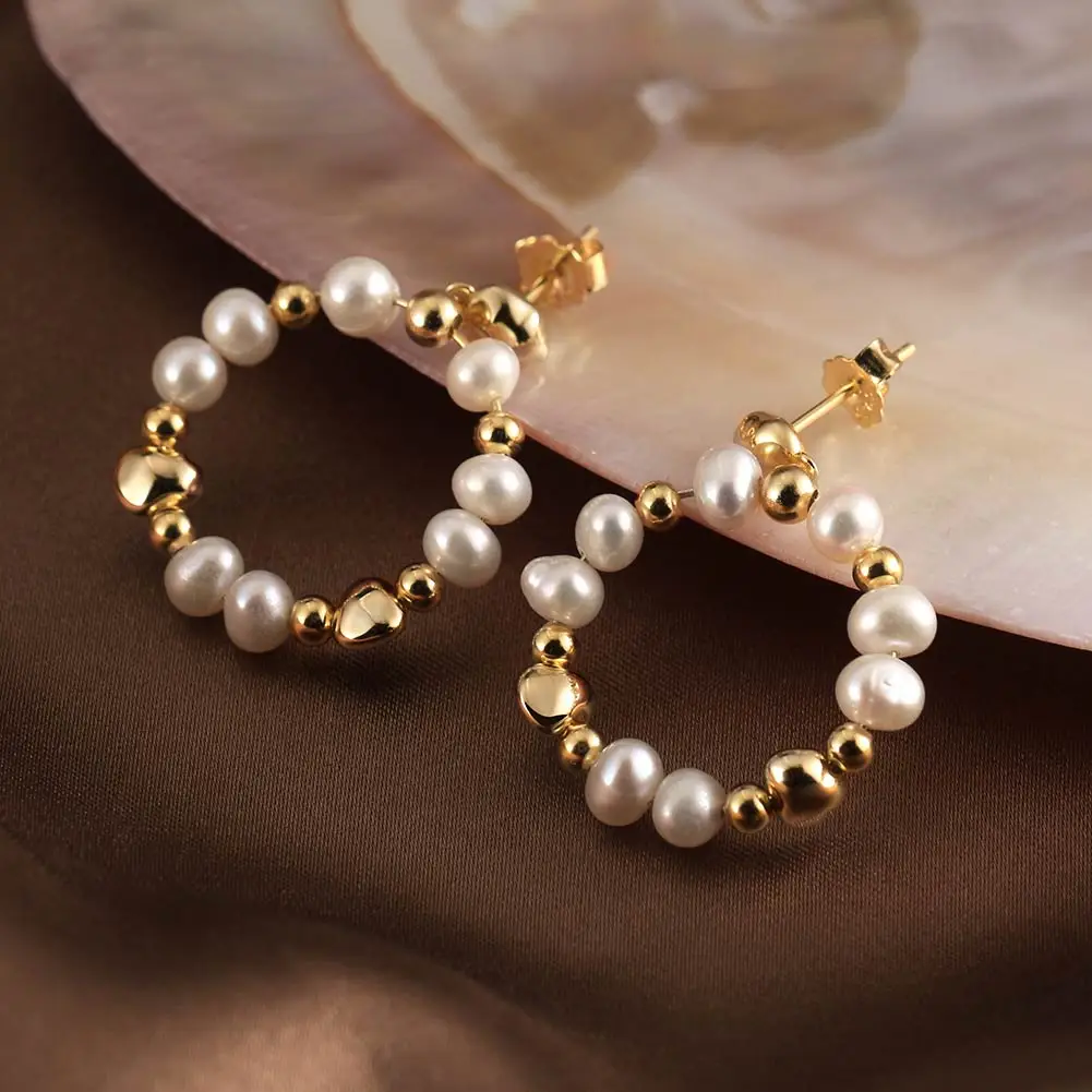 

KISS MANDY 925 Sterling Silver Fashion Golden Freshwater Pearl Hoop Earrings Engagement Luxury High Quality Fine Jewelry GPE77