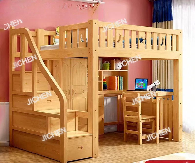 Solid wood bed, lower table, high and low bed, integrated wardrobe, multi-functional desk, study bed, elevated small apartment