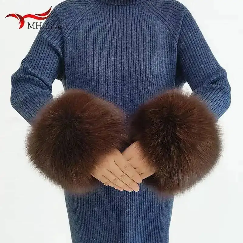 ผู้หญิงฤดูหนาว 100% Fox FUR ข้อมือของแท้ Fox Furry สายรัดข้อมือขนปุยสร้อยข้อมือแขนความอบอุ่นอุปกรณ์เสริมข้อเท้าอุ่น
