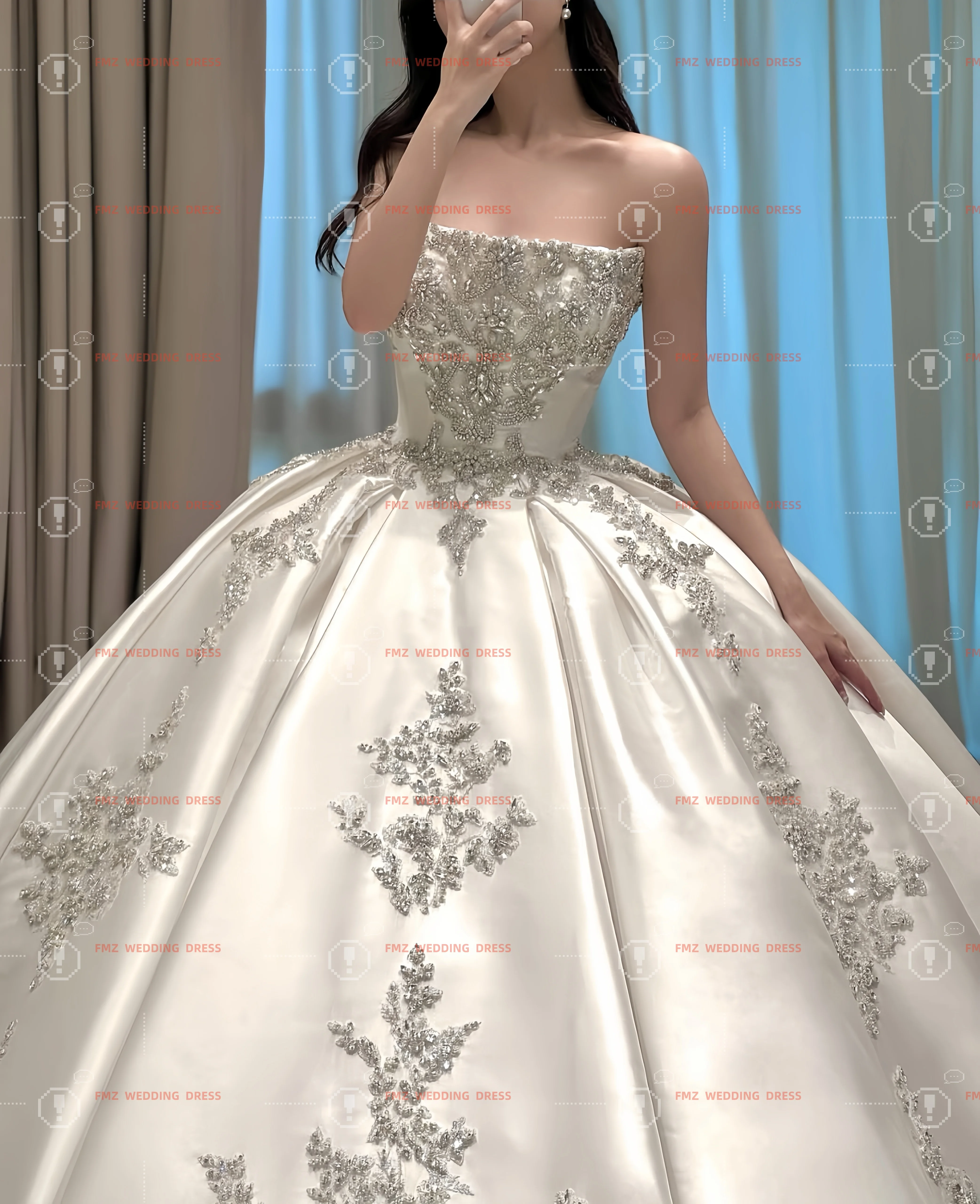 فستان زفاف مخصص بدون حمالات بدون أكمام من الساتان مطرز بالخرز فيستدوس دي نوفيا أماندا نوفيا أماندا نوفيا رسمي #3