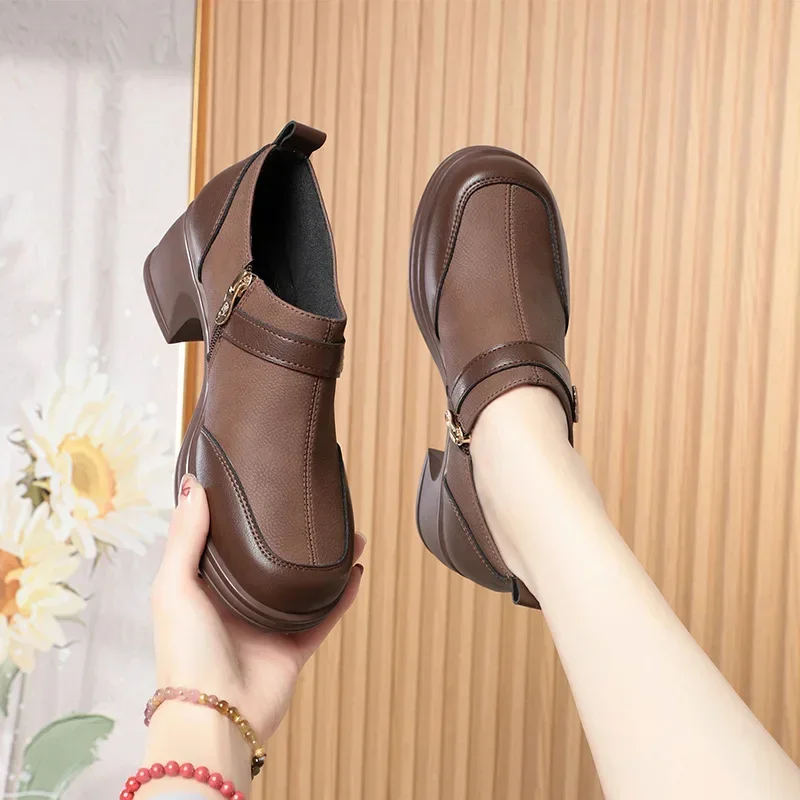 2024 New Slip On Spring Soft Shoes Woman Vintage Ladies Dress Pumps Thick High Heels Platform Shoes Retro Brown Daily  Shoes