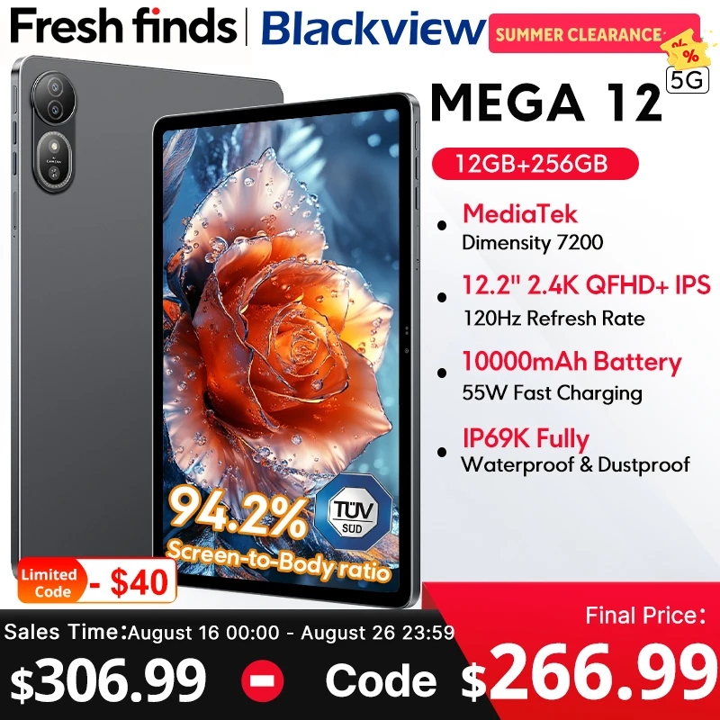 Blackview MEGA 12タブレット 5G Dimensity 7200 CPU 12.2インチ 2.4K 120Hzディスプレイ IP69K防水 50MP 10000mAh パッドPC