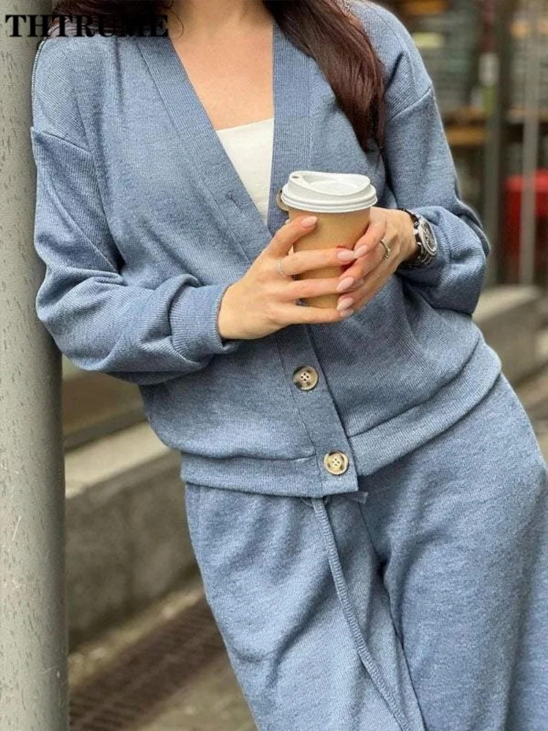 Elegant Solid New Two Piece Sets Fashion Women Autumn Single Breasted Cardigans Straight Pants Outfits Casual Thick Streetwear