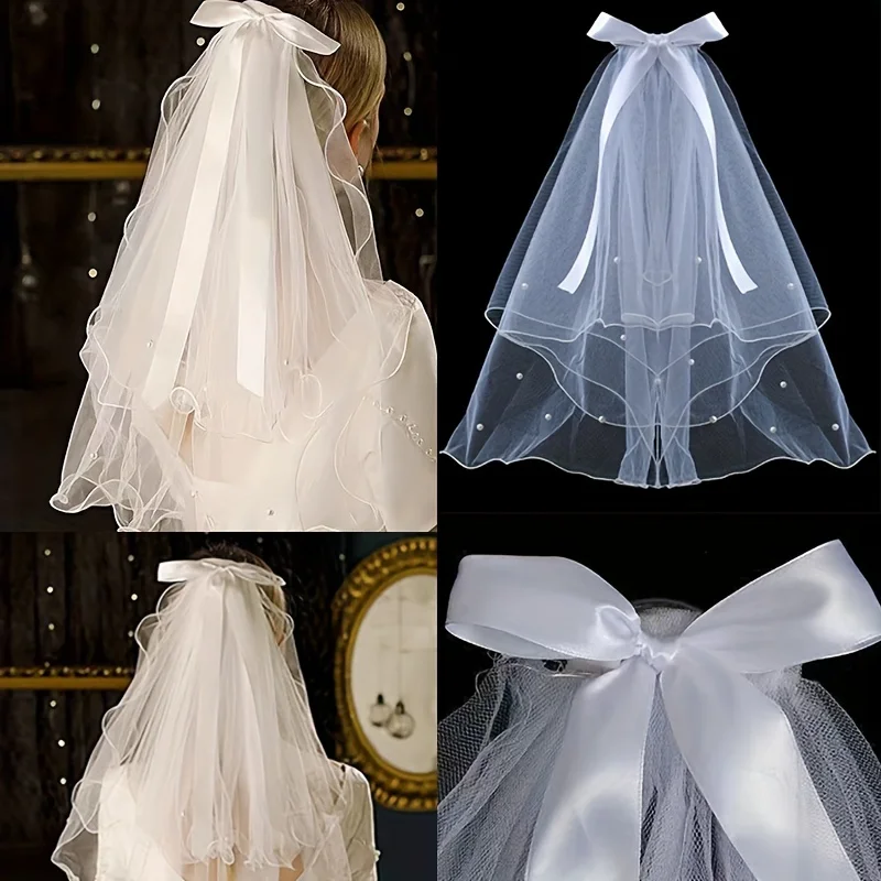 

Элегантная вуаль с двойным бантом и жемчужной лентой — прозрачный белый тюль с нежным бисером, идеально подходит для свадьбы, дня рождения, выпускных фотографий
