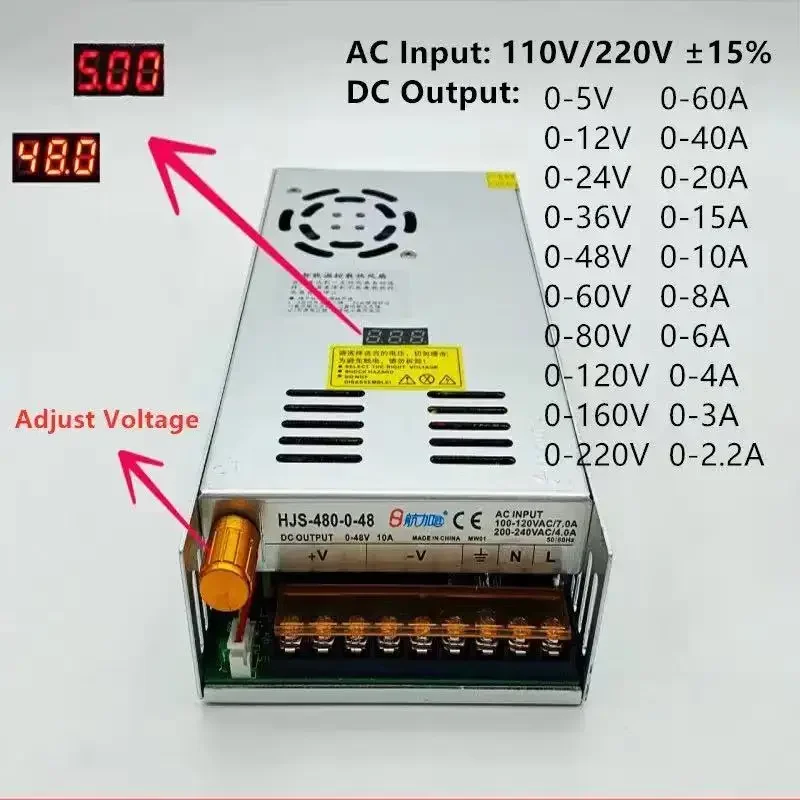 Switching Power Supply AC 220V Adjustable 0- 12V 24V 36V 48V 60V 80V 120V 160V 220V 300V With Digital Display 480W Power Supply