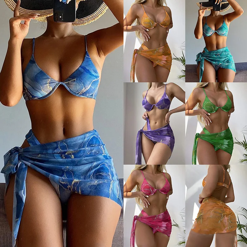 

2025 new women's swimsuit marble three-piece sexy bikini