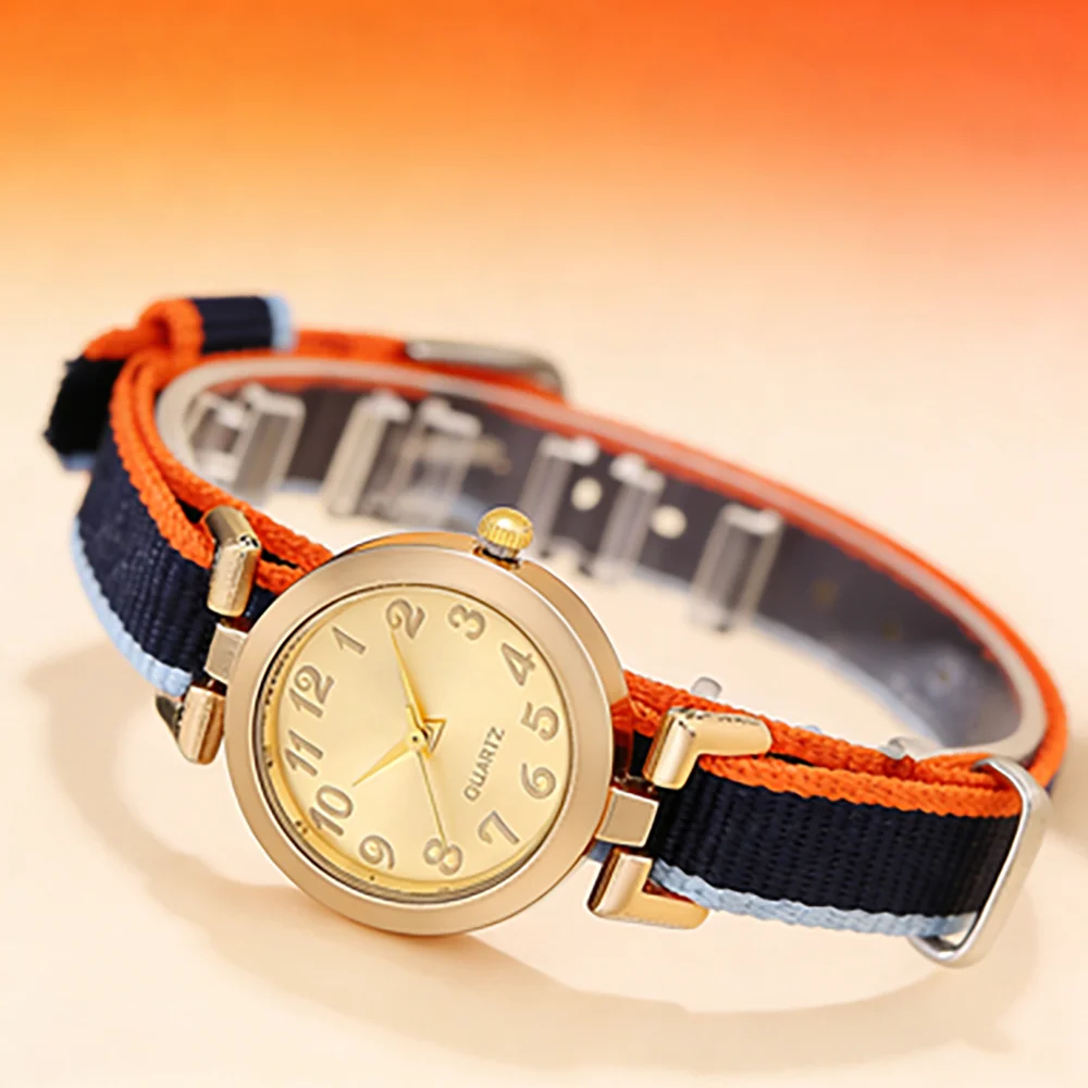Fashion Women's Quartz Watch Striped Fabric Strap Gold Dial Casual Elegant Ladies Wristwatch for Daily Wear & Gift