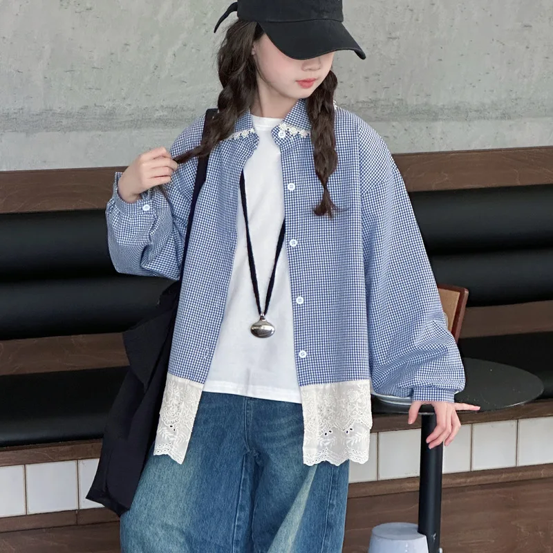 

Children Girls Coat Autumn Korean Lace Patchwork Plaid Kids Girls Outwear Turn Down Collar Single-breasted School Girls Top