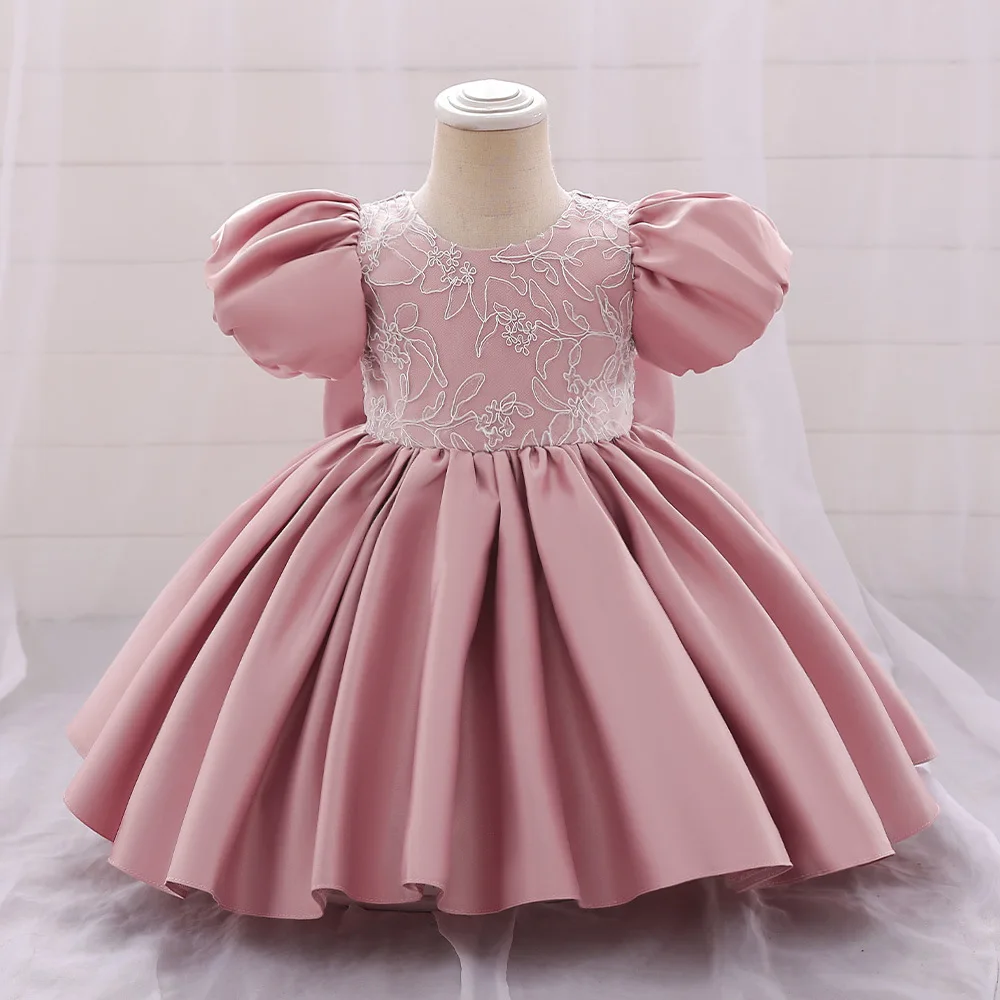 Vestido de princesa elegante para niña pequeña, fiesta de cumpleaños, boda, vestido de bola Floral con lazo, apliques para niños, Vestido de manga de burbuja