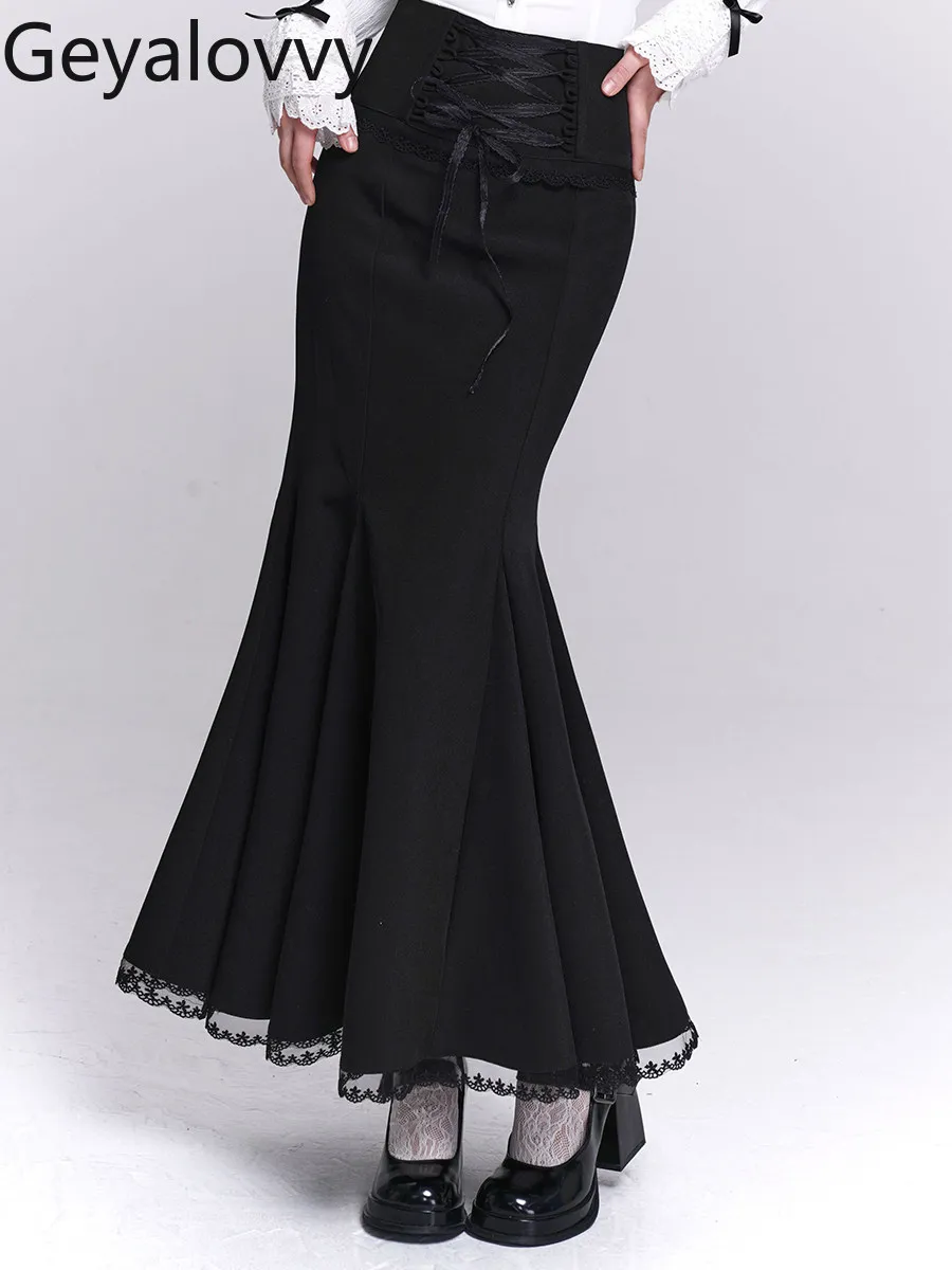 

Готическая элегантная однотонная черная юбка с высокой талией для женщин, облегающая женская длинная юбка-рыбий хвост, весна-осень