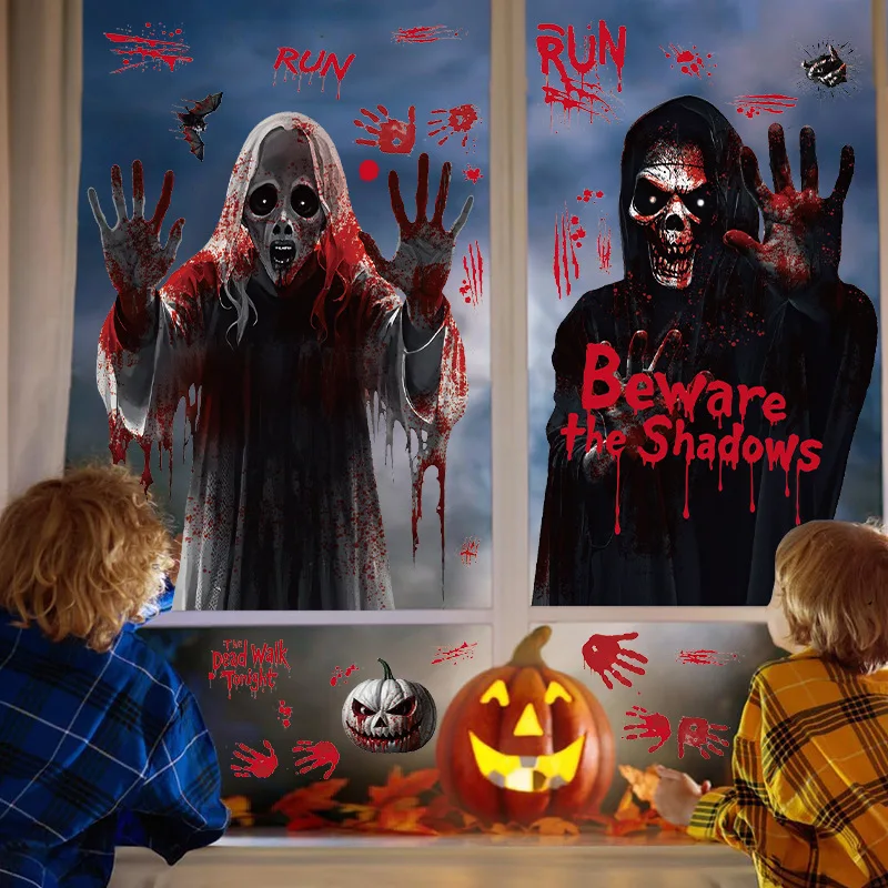 สติกเกอร์แก้วตกแต่งฮาโลวีน สติกเกอร์หน้าต่างผีความตายที่น่ากลัว ลักษณะบรรยากาศผี ลายนิ้วมือเลือด ไฟฟ้าสถิต s