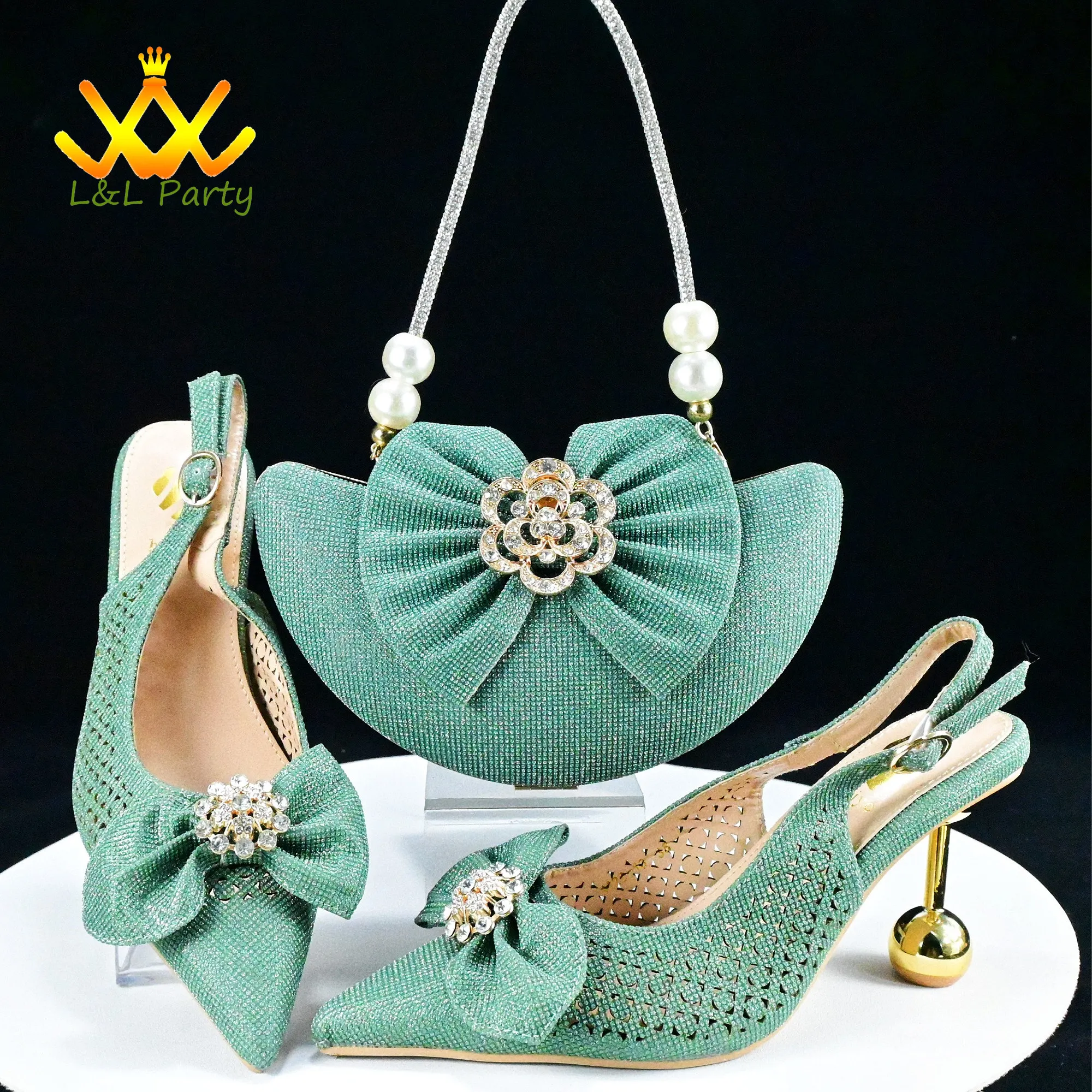 2024 Special Italian Women Design Nigerian Shoes and Bag Set in Green Color Mature Style INS Hot Sale with Crystal for Party