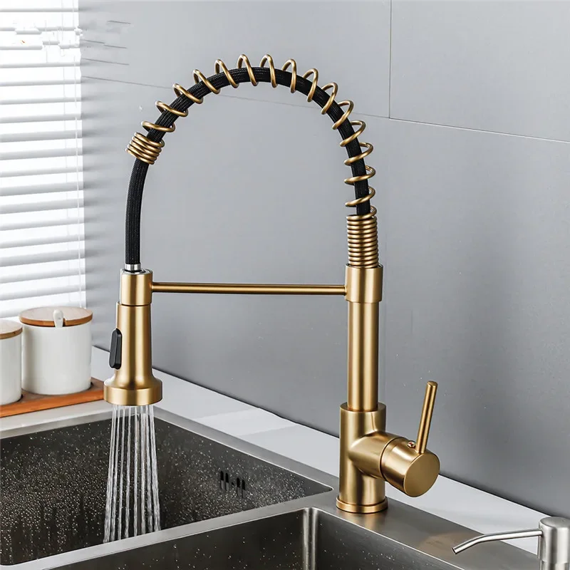 

Kitchen Faucets Brushed Gold Brass for Kitchen Sink Single Lever Pull Out Spring Spout Mixers Tap Hot Cold Water Crane