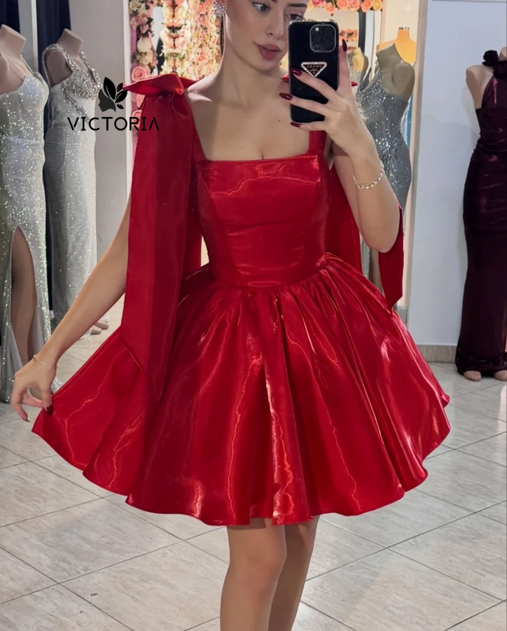 

Cute Red Short Prom Dress Luxury Homecming Dresses Bow Spaghetti Birthday Party Mini Cocktail Homecoming Gowns Customized