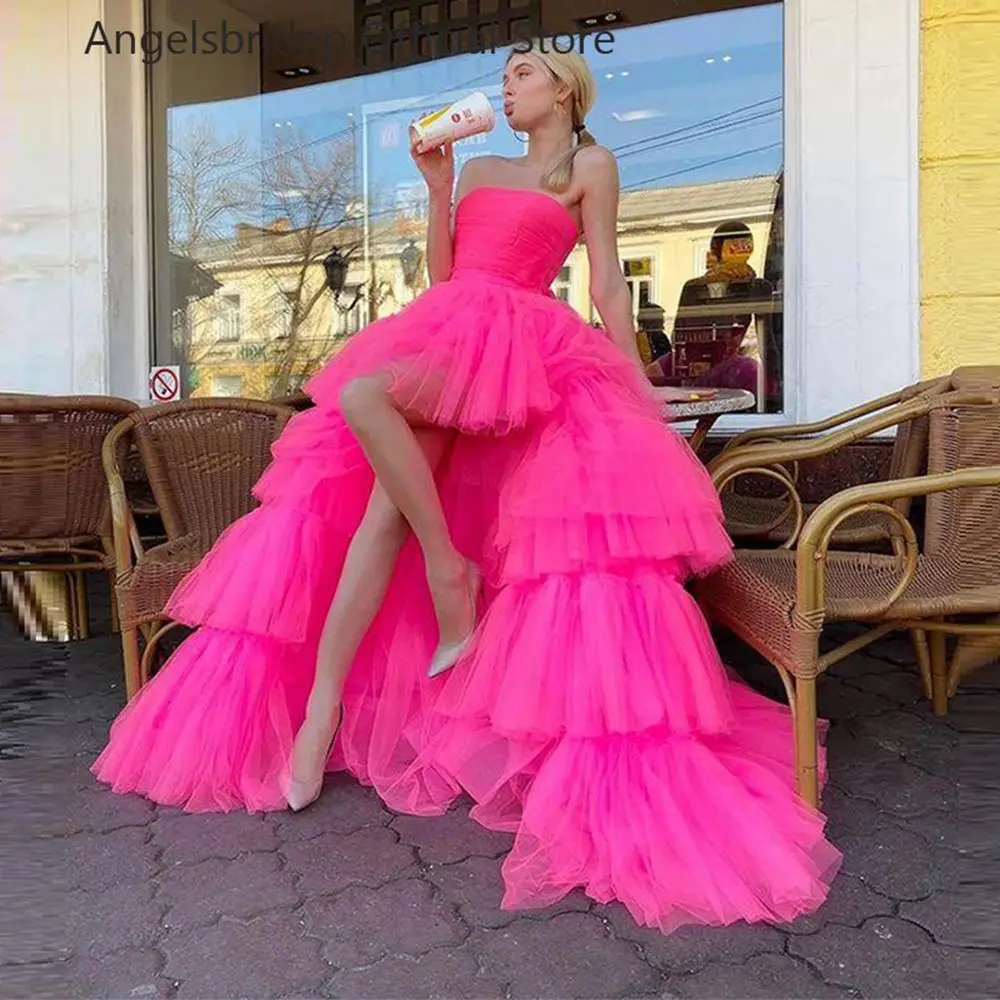 customized Tulle Prom Gown Party Dresses High Low Long Evening Formal Dress Detachable Train Sexy Graduation Dress Customized