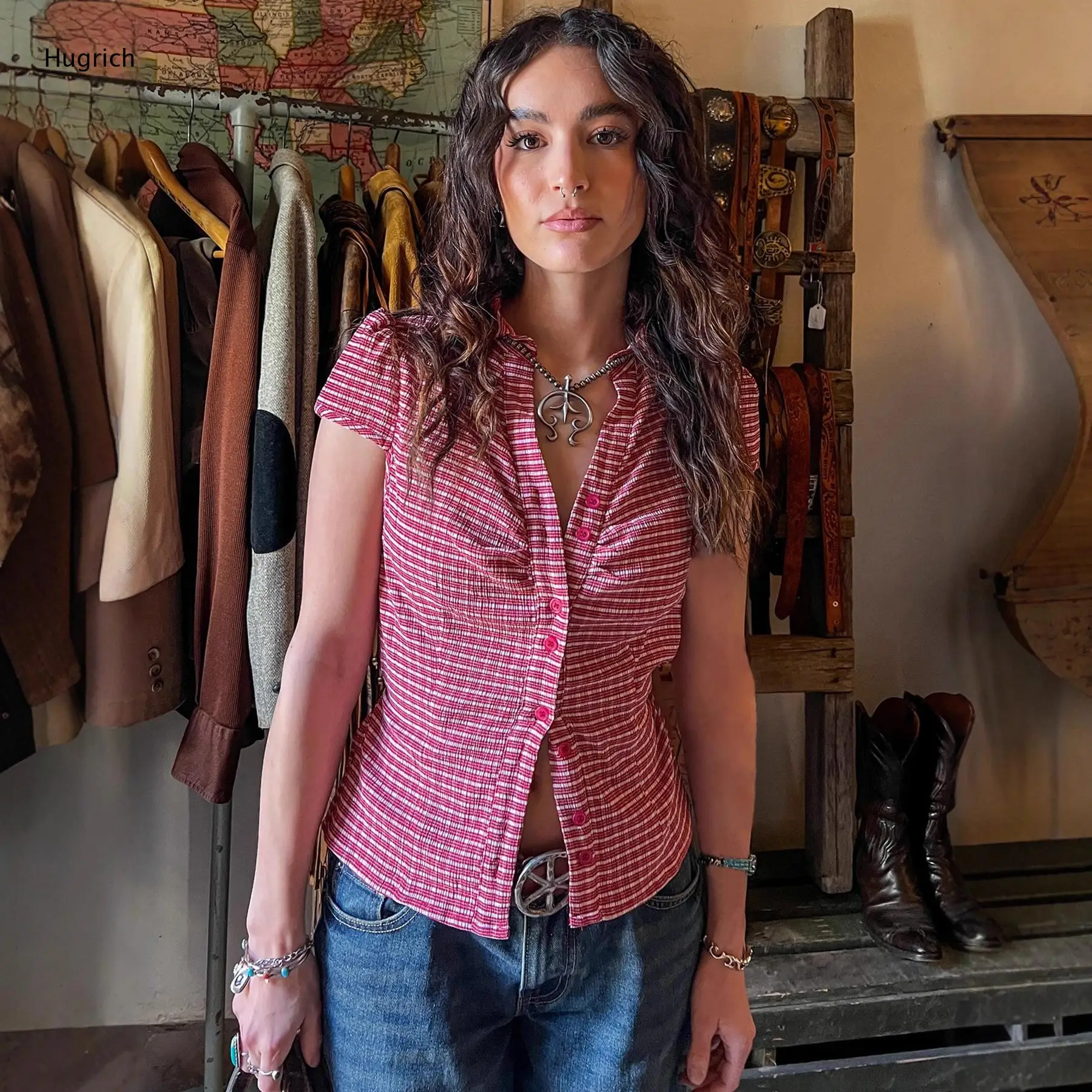 Checkered Short Sleeve Shirt with Gathered Side Detail Button Down Fitted Cropped Silhouette for Casual Wear