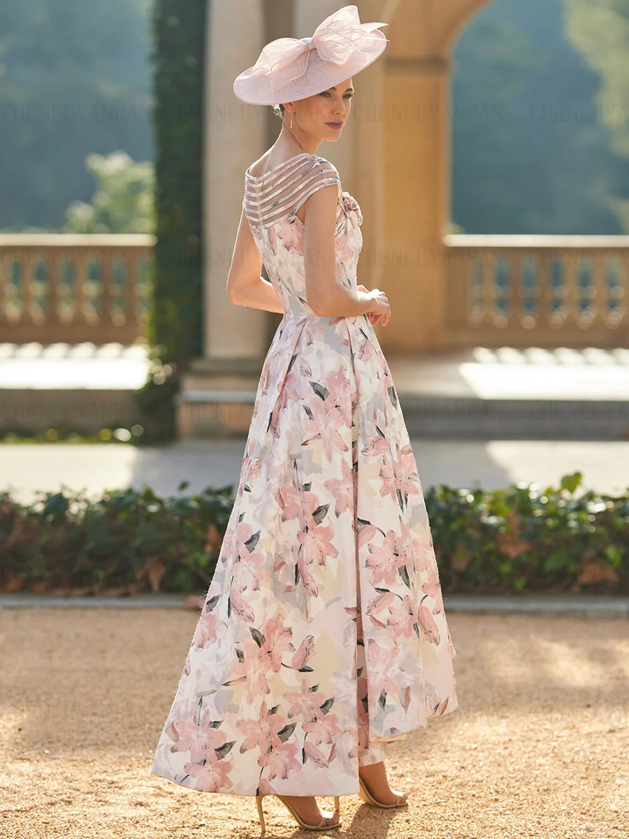 Printing Satin Mother of the Bride Dresses 2023 Cap Sleeves Pink Wedding Guest Gowns HI-Lo A-line Dress Women for Wedding Party