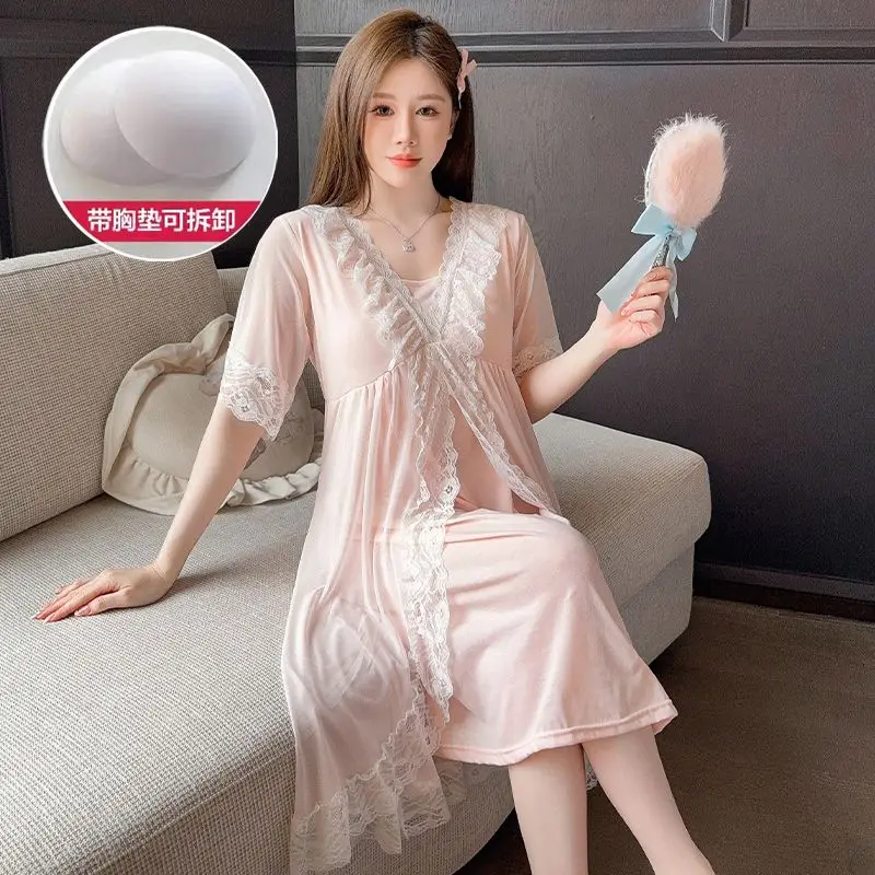 

2024 Summer Cotton Short Sleeve Sexy Lace V-neck Lingerie Nightgowns for Women Cute Sleepwear Night Dress Nightdress Home Nighty
