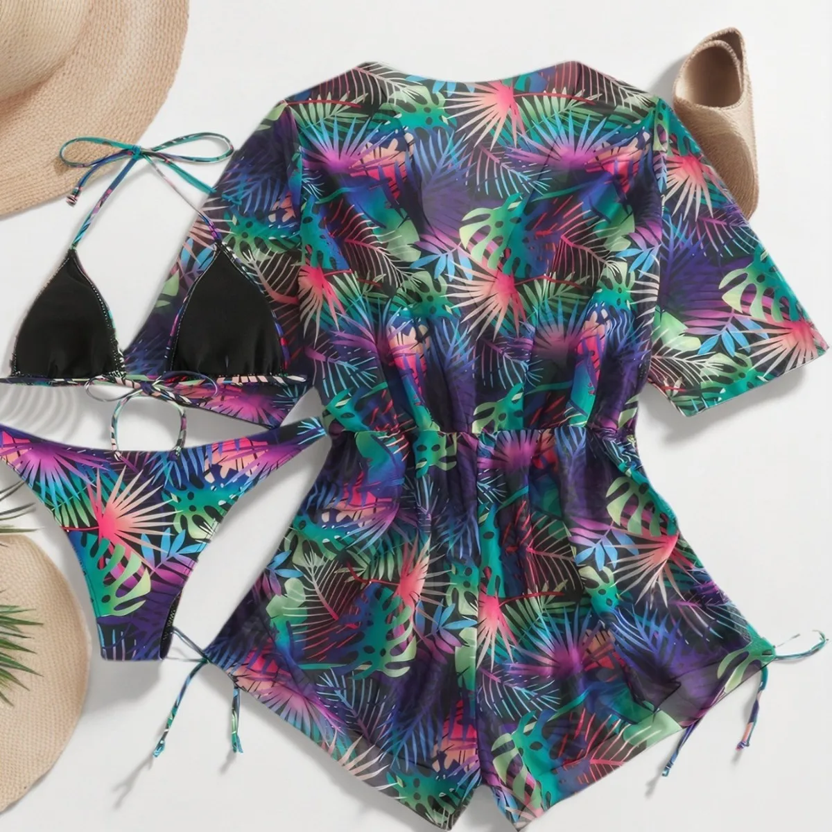 New 2025 Print 3 Pieces Set Swimsuit Women Thong Swimwear Sexy Matching Bikini Set Short Sleeve Cover Up Beachwear Bathing Suit