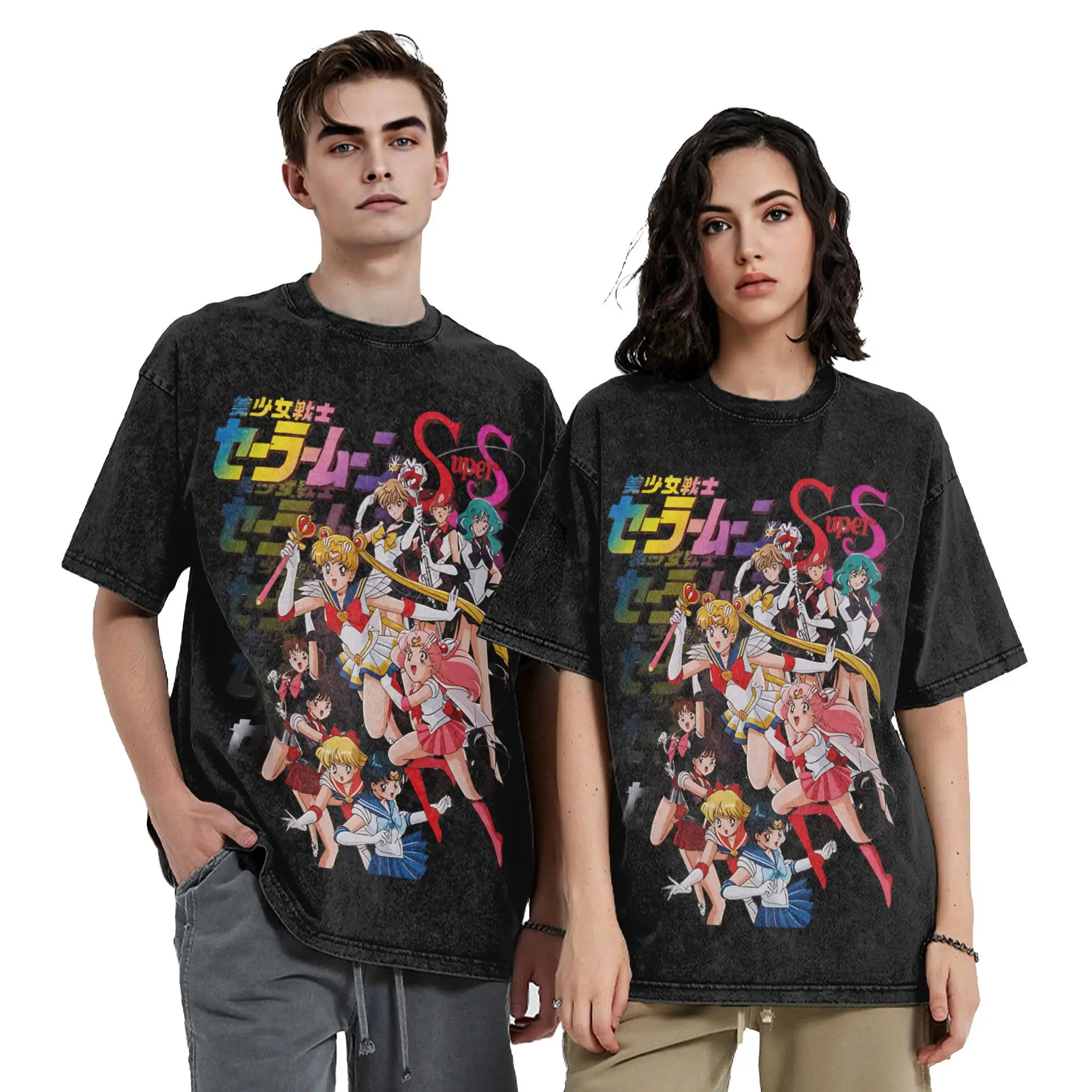 美少女戦士セーラームーンカオスな宇宙の愛ヴィンテージウォッシュ Tシャツメンズコットントップスレトロラウンドネック半袖