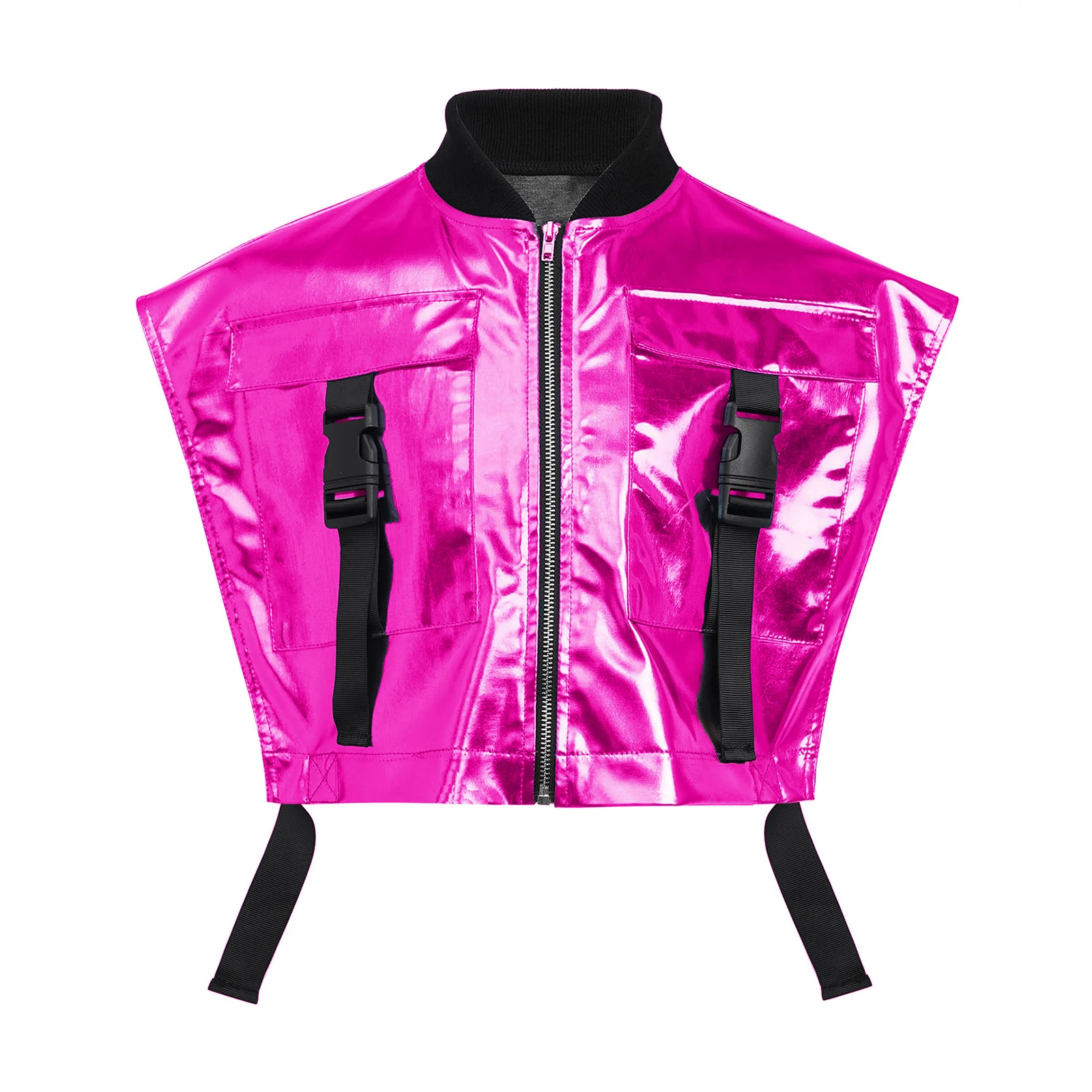 Kinder Mädchen Hip-Hop Jazz-Tanz-Outfit Aufführungskostüm mit seitlich geöffneter Metallweste mit Reißverschluss und seitlichen Druckknöpfen sowie glänzenden Shorts – Detail 19
